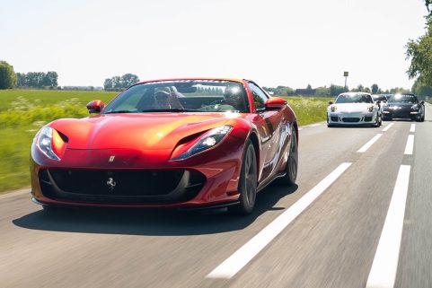Ferrari and Porsches during the Runball Rally One Day Tour in Zeeland