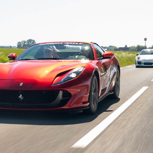 Ferrari and Porsches during the Runball Rally One Day Tour in Zeeland